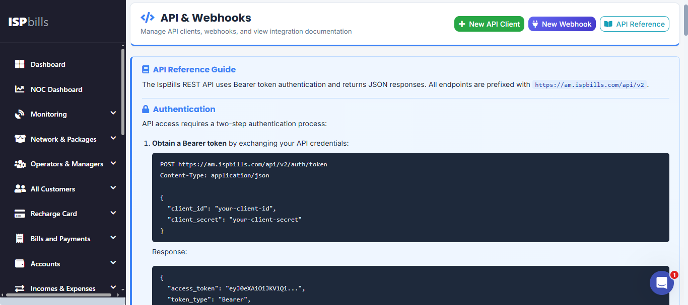 ISP REST API platform with webhook management and developer tools