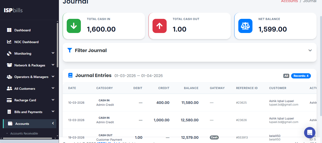Automated ISP billing dashboard with invoice generation and payment tracking
