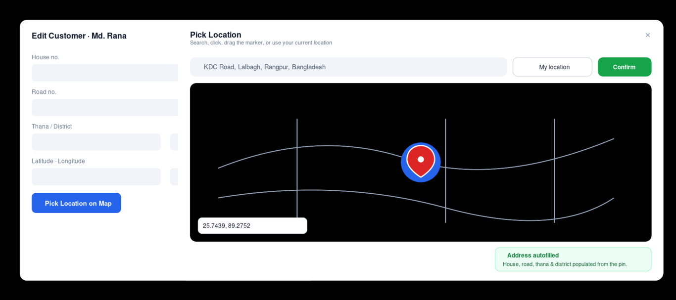 Pick Location modal showing a map with a draggable pin, search box, My location button and Confirm action
