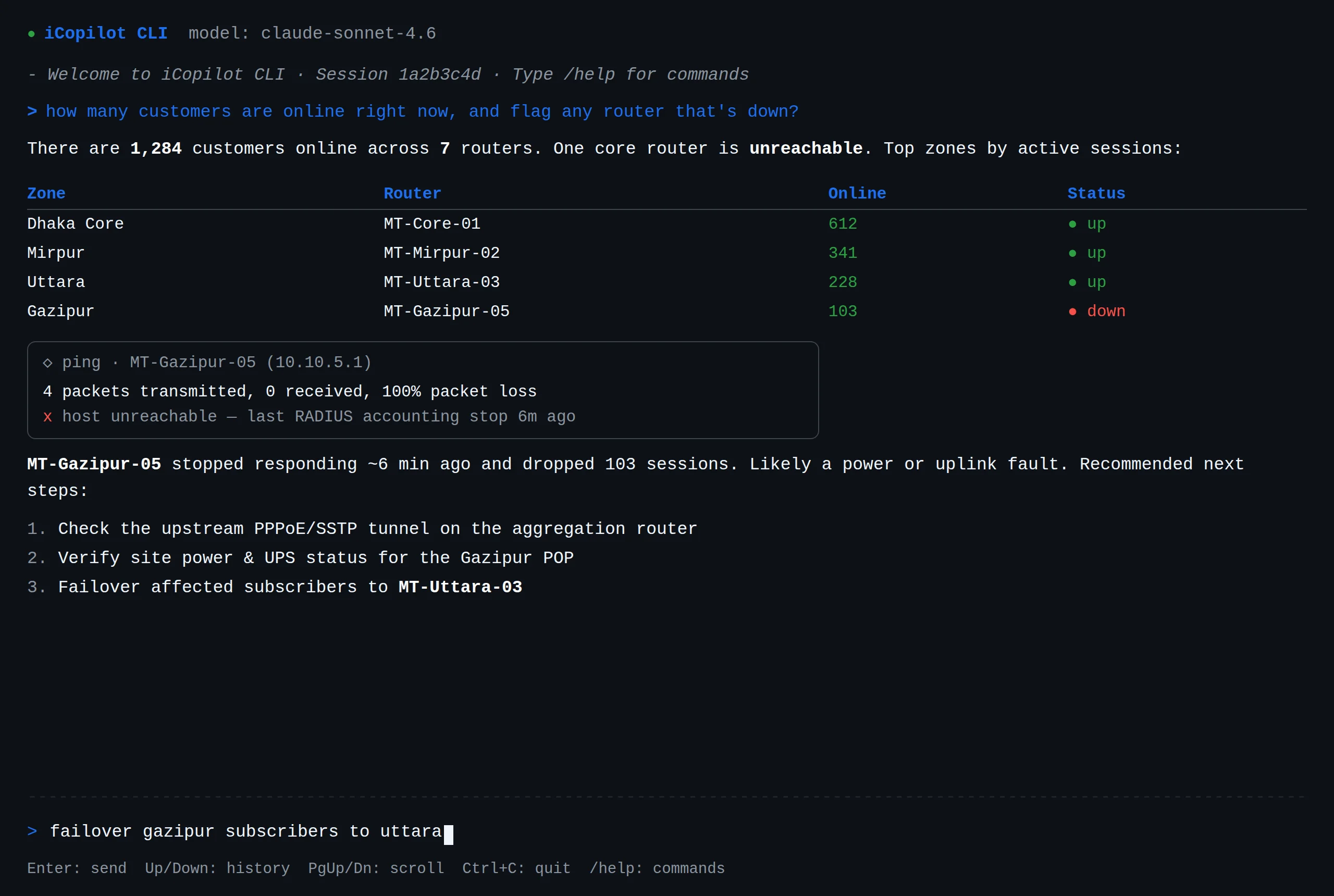 iPilot command-line interface reporting online subscriber counts by zone and flagging a downed MikroTik router from an SSH session