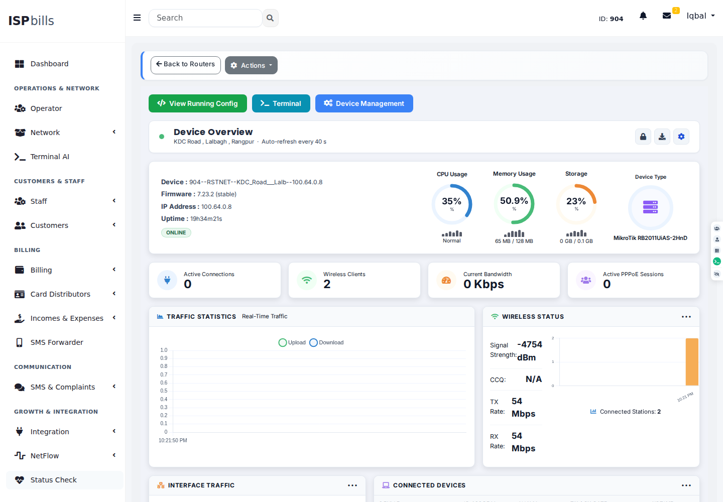 Live MikroTik RouterOS monitoring with CPU, memory, wireless and traffic data
