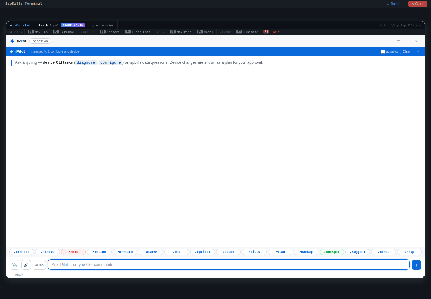 iPilot AI terminal running an OLT diagnostic and returning a suggested fix plan