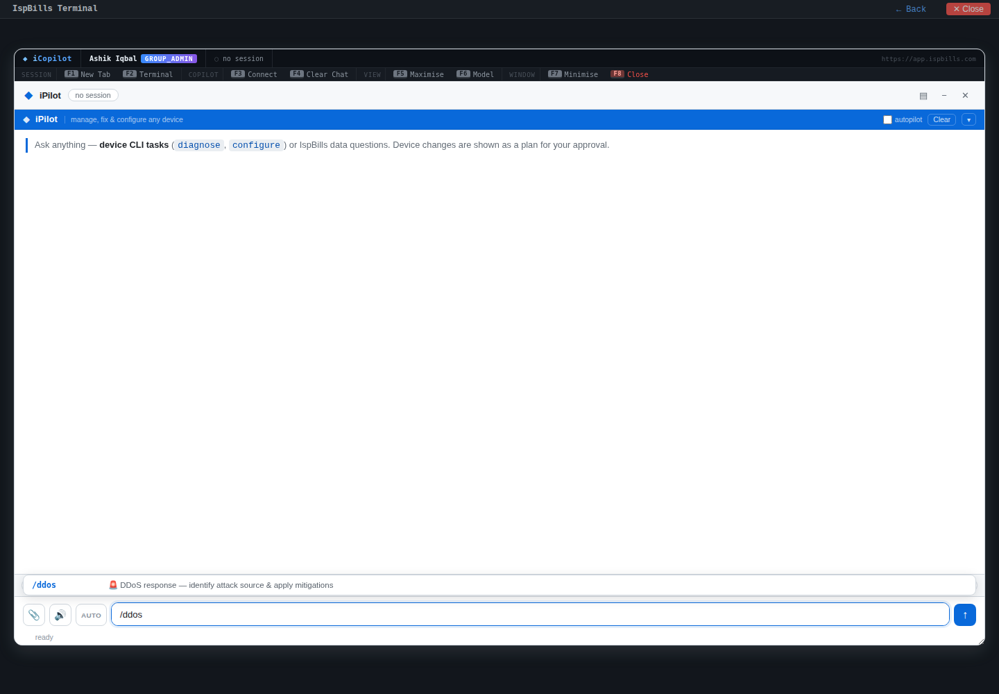 The DDoS investigation slash command selected inside the live iPilot terminal