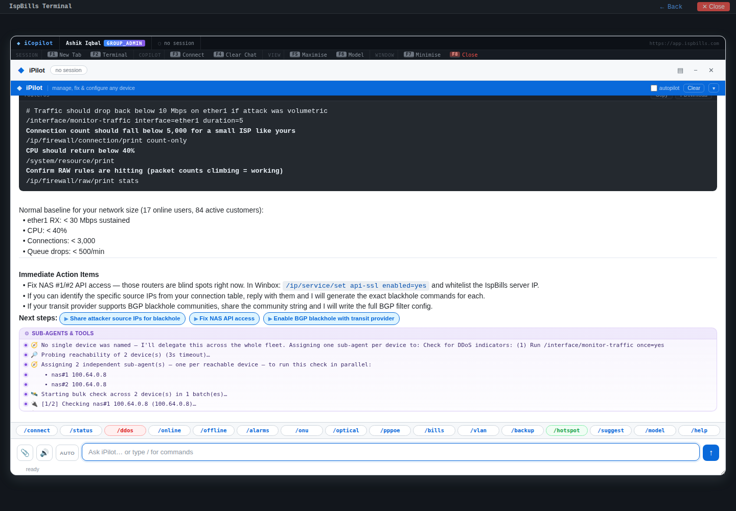 iPilot terminal showing a live DDoS investigation with operational findings and next actions