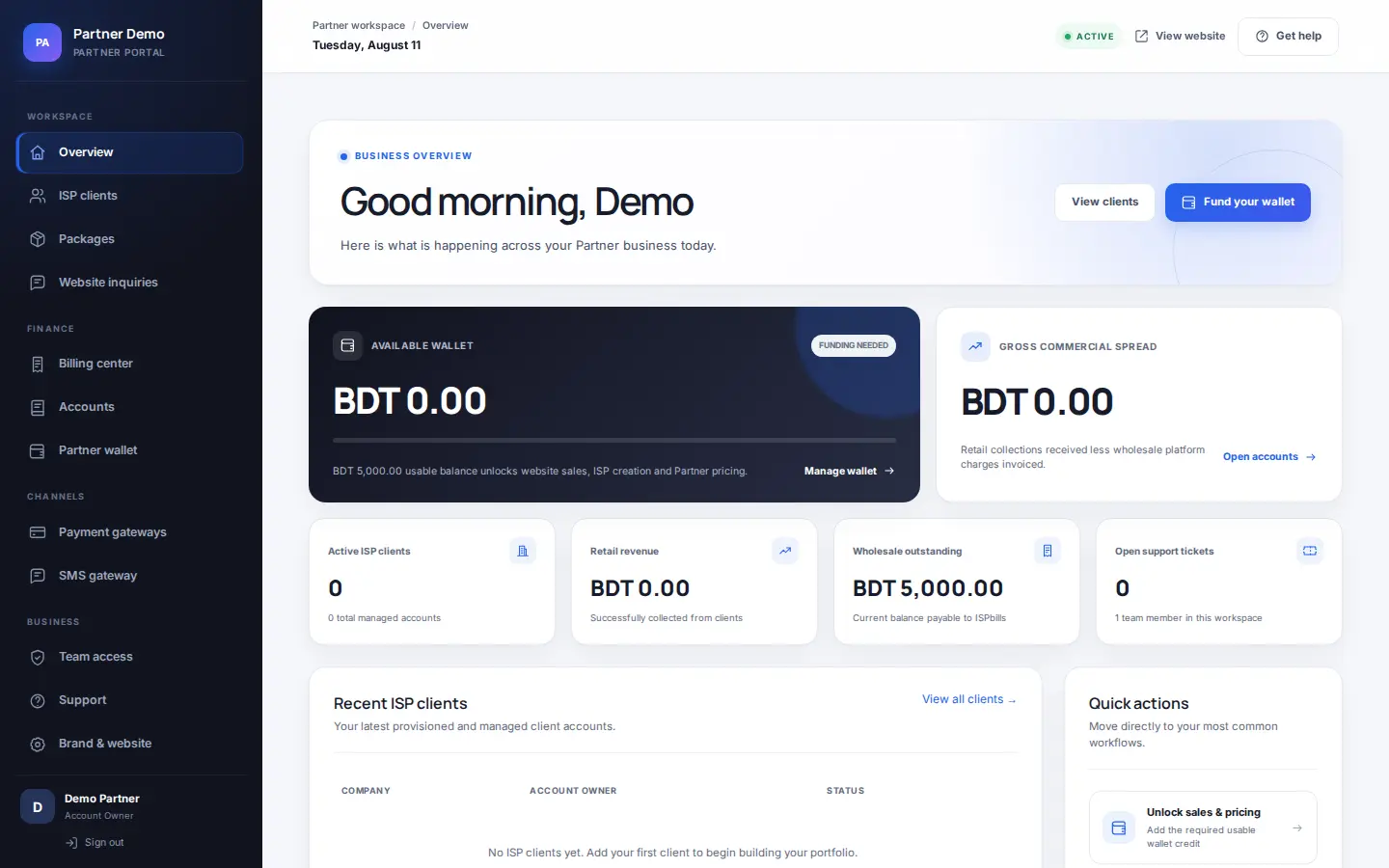 ISPbills Partner workspace overview with wallet, client and billing controls
