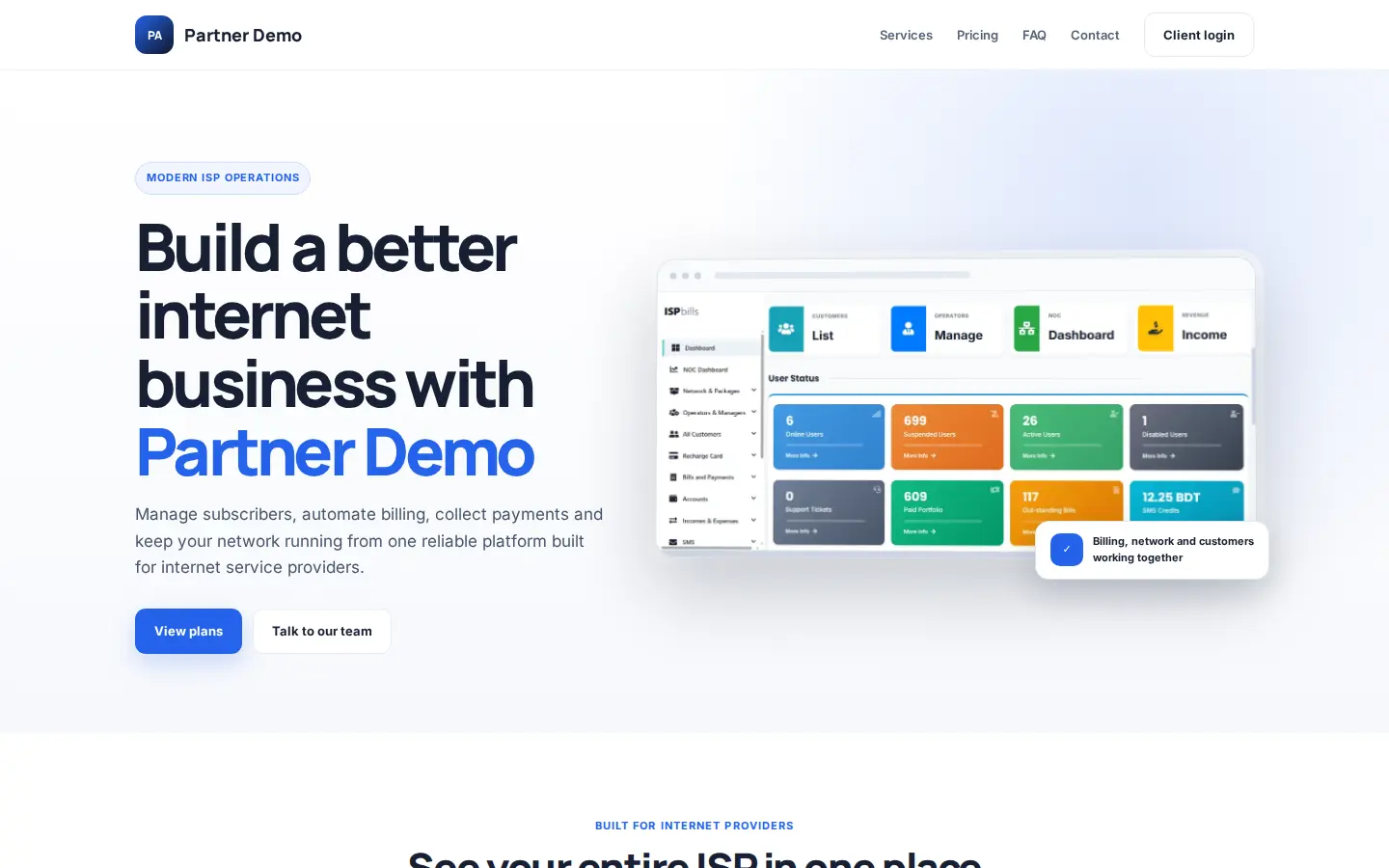 Live ISPbills Partner demo website with branded hero and platform preview