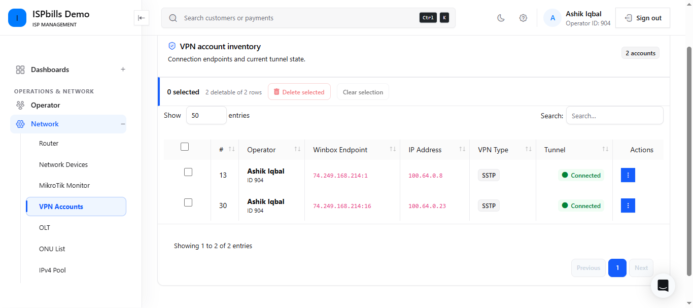 ISPbills demo VPN Accounts with visible Winbox Endpoint, IP and account actions