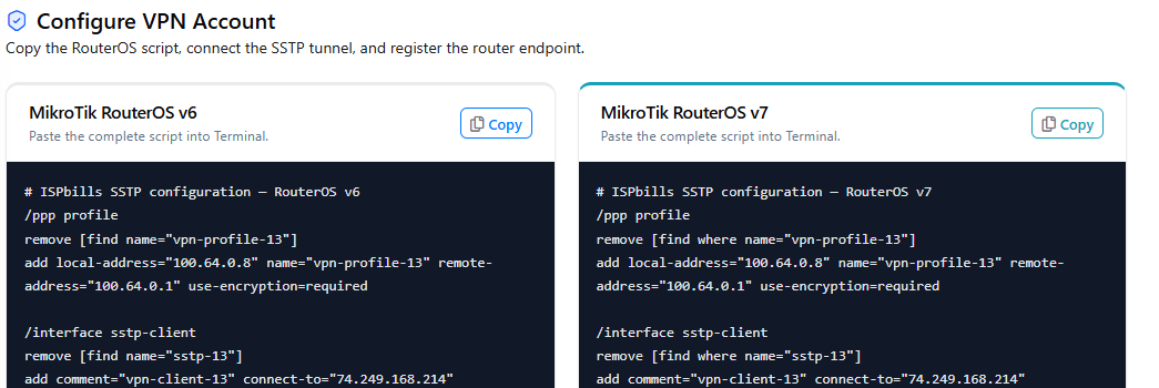 ISPbills demo configuration with RouterOS v6 and v7 panels and Copy controls